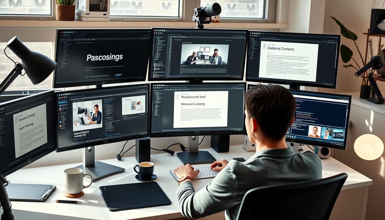 Person working on creative content at home office setup with multiple monitors
