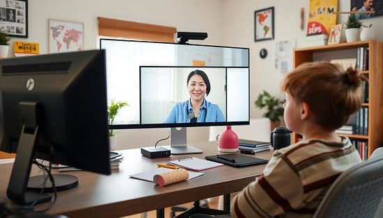 Online tutor teaching a student via video conference Online tutor teaching a student via video conference